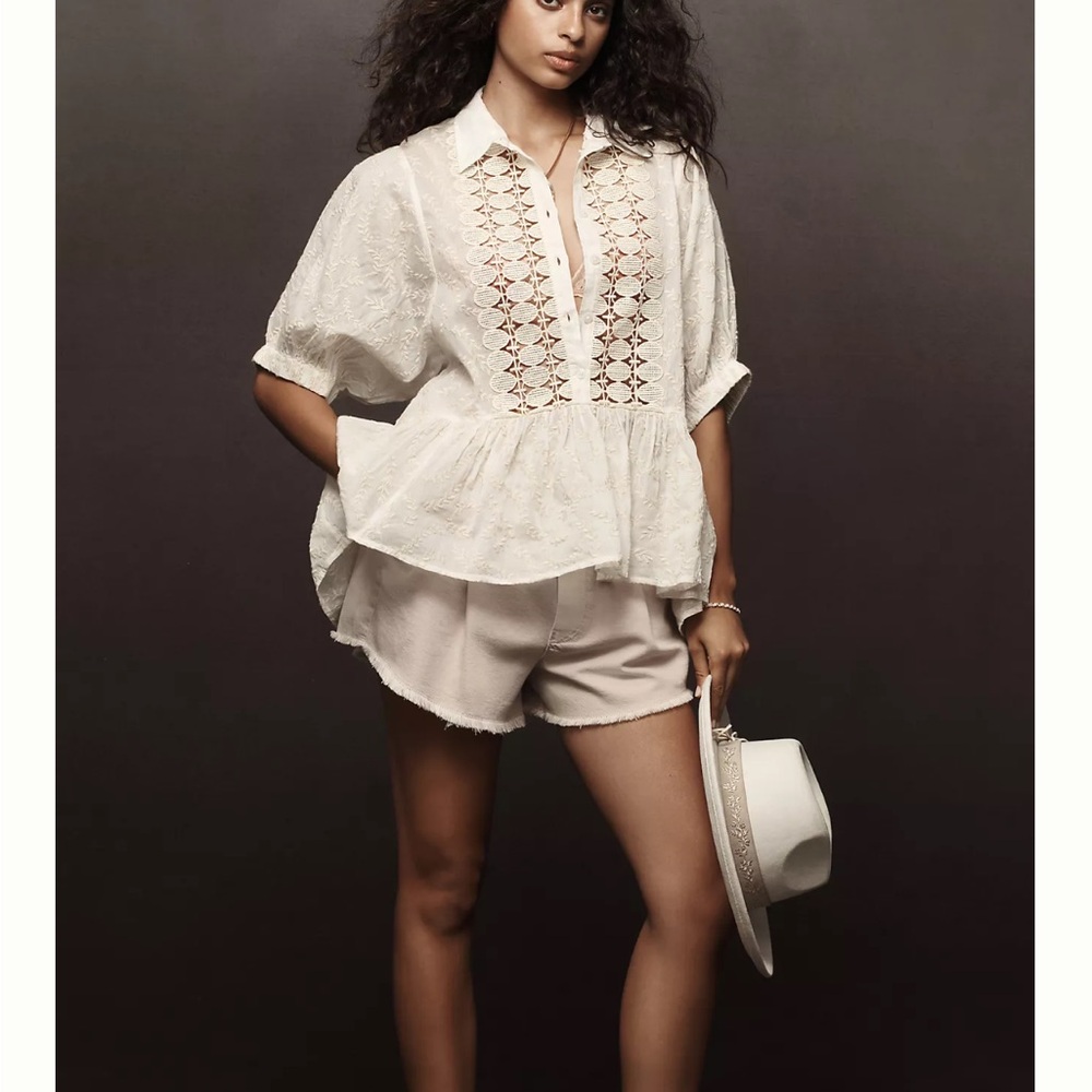 By Anthropologie Lace-Placket Babydoll Blouse Size XS NWT